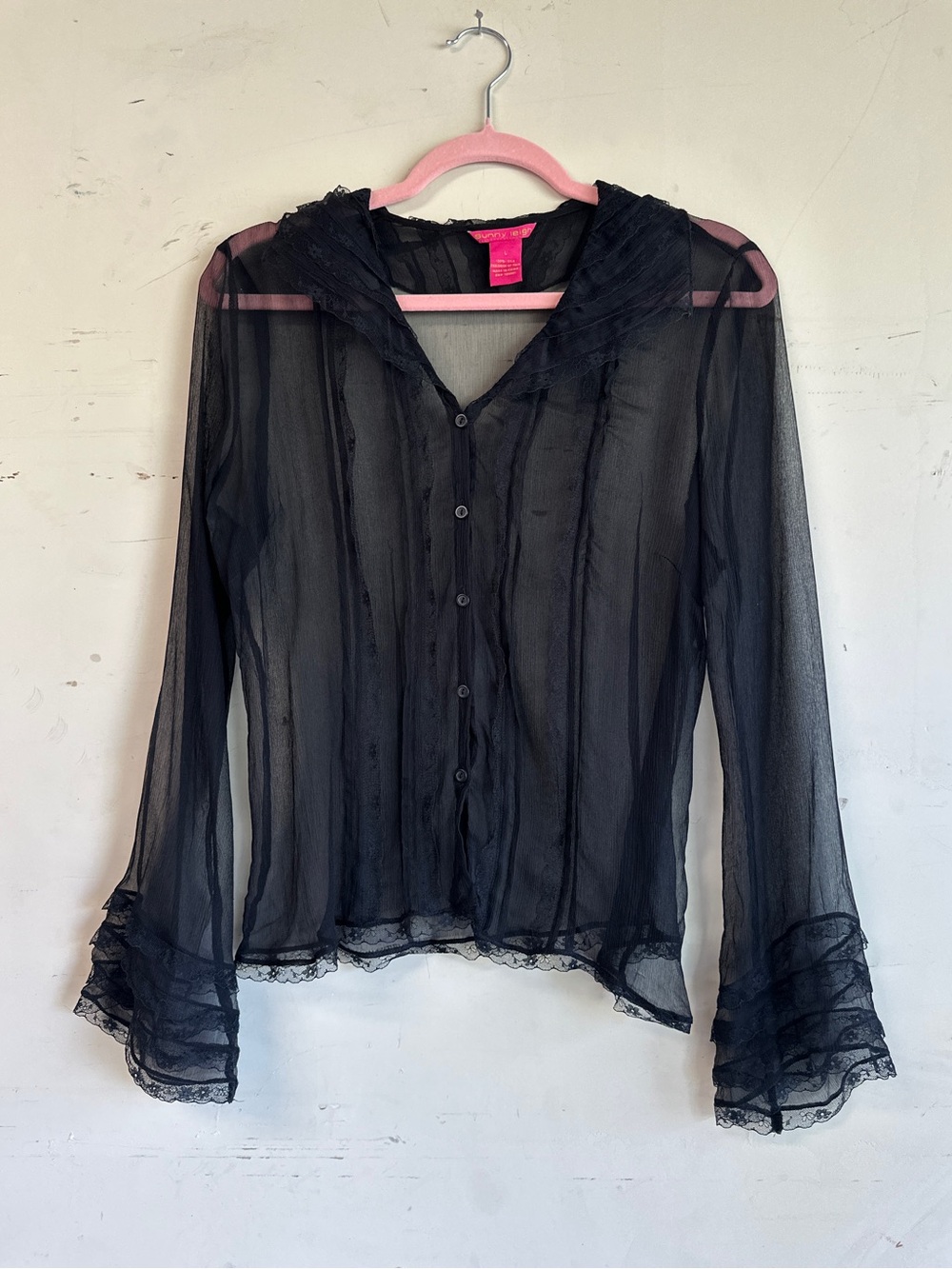 Vintage Y2K silk black lace romantic bell sleeve button up blouse sheer goth